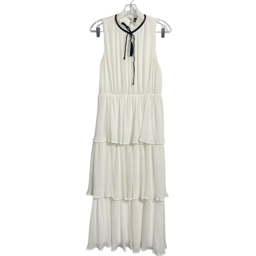Sleeveless Pleated Tiered Maxi Dress – White with Black Trim